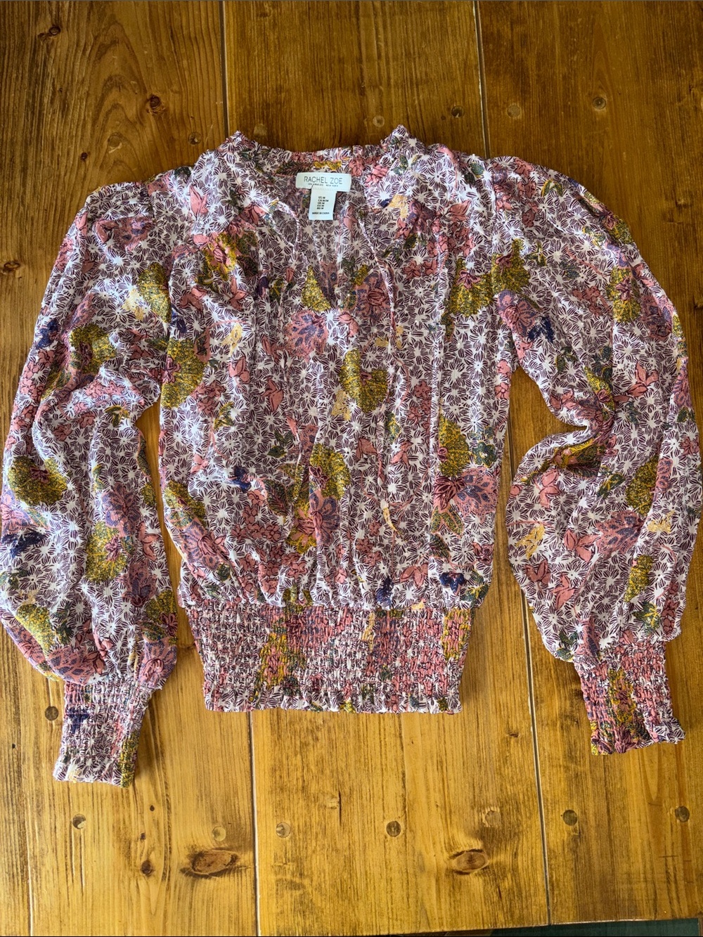 Rachel Zoe Pink Floral Smocked Waist Long-Sleeve Top Sz medium